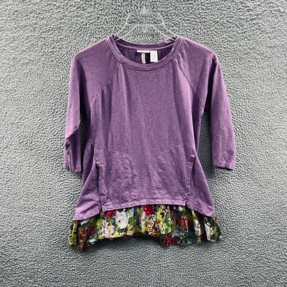 Logo Lori Goldstein Womens XS Purple 3/4 Sleeve Tunic Top Floral Hem Cotton